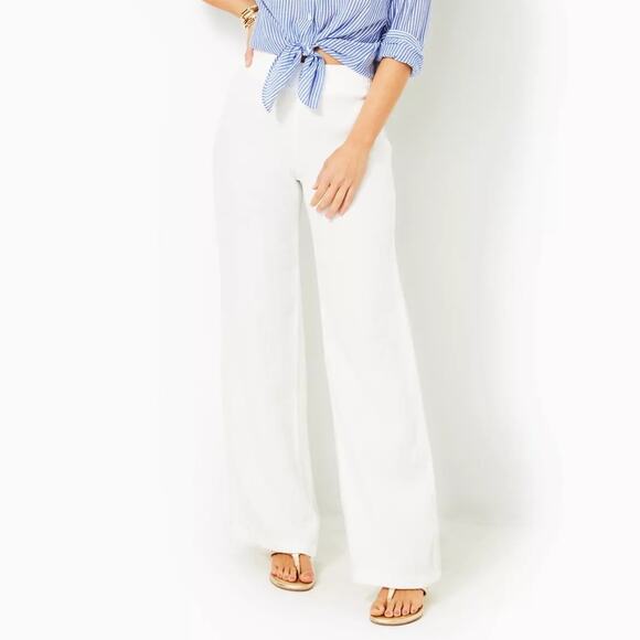 Lilly Pulitzer White 31" Deri 100% Linen Elastic Waist Wide Leg Palazzo Pants - Picture 1 of 10